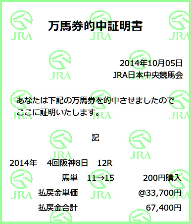 2014年10月5日阪神最終レース馬券